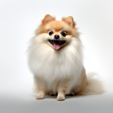 a tiny and fluffy pomeranian pup with dynamic and exaggerated facial expressions sits down in a studio. the photo, taken with a hasselblad 1600f, features a light white and light red color scheme. the pup's elegant and emotive face is enhanced by the cross processing technique, resulting in a sleek and stylized image with hints of light amber and azure. ai generatedの素材