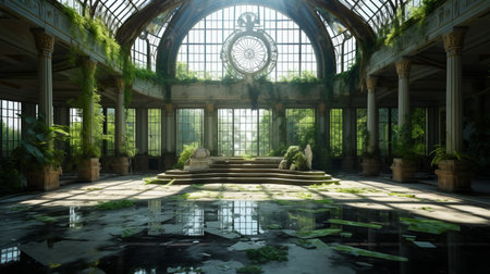 abandoned greenhouse: download the full version of this 2d design render, showcasing a 19th-century french academy style. the uhd image captures the essence of a hall of mirrors, with romantic riverscapes in a neoclassical composition. the light black and green tones add depth to this 8k resolution masterpiece. ai generatedの素材