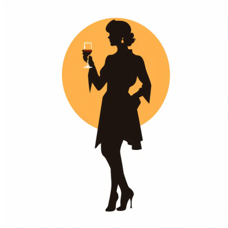 a woman holds a glass of wine, her silhouette blending into the retro chic background. the orange and bronze hues create a unique character design, while the black and amber tones add a touch of vintage cut-and-paste style. this tondo image exudes a streetwise vibe, reminiscent of a bygone era. ai generatedの素材