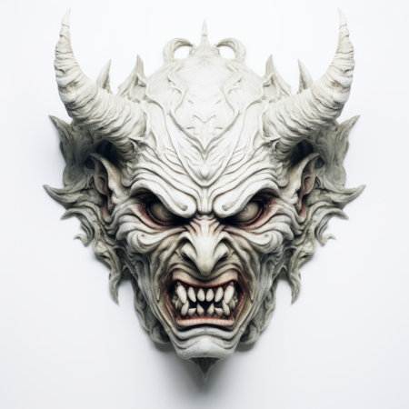 a demon-looking mask, inspired by medieval art, is depicted in this realistic anamorphic artwork. the mask, created in the mote kei style, showcases intricate relief sculpture and intense play of light and shadow. with its fantastical and otherworldly features, the mask stands out against the white background, captivating viewers with its eerie allure. ai generatedの素材