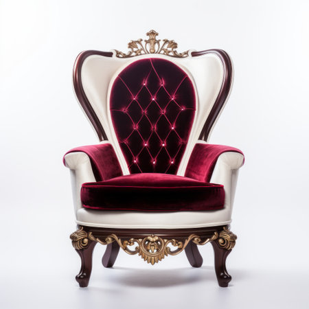 red velvet and gold chair on a white background, a flat vector image in the style of unique and one-of-a-kind pieces. the chair, designed by henry justice ford, features opulent fabrics in dark maroon and white. the high-key lighting enhances the contrast between the dark white and magenta tones. this stunning piece was the contest winner. ai generatedの素材