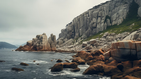 rocky cliff with layered and atmospheric landscapes, featuring rocks and a body of water. this uhd image captures the beauty of australian landscapes, with its light orange and dark emerald hues. reminiscent of rural china and lively coastal landscapes, this photo was taken with a rollei prego 90 camera. ai generatedの素材