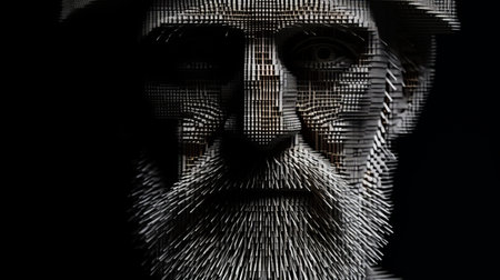 a man's body is captured in this national geographic photo, showcasing an abstract sculpture in the style of voxel art. the portrait highlights the strong facial expression and close-up intensity. the sculpture, with its light silver and brown tones, exudes a sense of mathematical artistry. ai generatedの素材