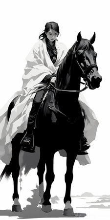a woman with a veil rides her horse in a high-contrast realism style, reminiscent of graphic illustration. the image captures the essence of sultan mohammed's era, with its stark black and white tones. inspired by the works of edogawa ranpo and john larriva, the photo exudes a sense of stark minimalism. ai generatedの素材