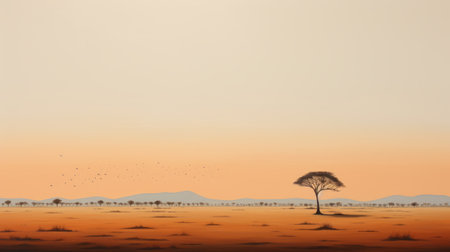 a stunning 8k resolution landscape painting captures the essence of a lone tree in the desert, inspired by traditional african art. the delicately rendered landscape showcases a harmonious blend of light orange and black hues. shot with a canon af35m, this artwork also features naturalistic bird portraits and atmospheric horizons, creating a captivating visual experience. ai generatedの素材