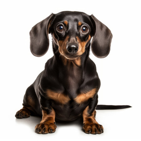 dachshund puppy sitting on a white background, showcasing strong contrast and chiaroscuro. the colorized image captures the puppy's elegant and emotive face. this high-quality photo, taken with a leica m10 camera, is available on flickr under a creative commons attribution license. ai generatedの素材