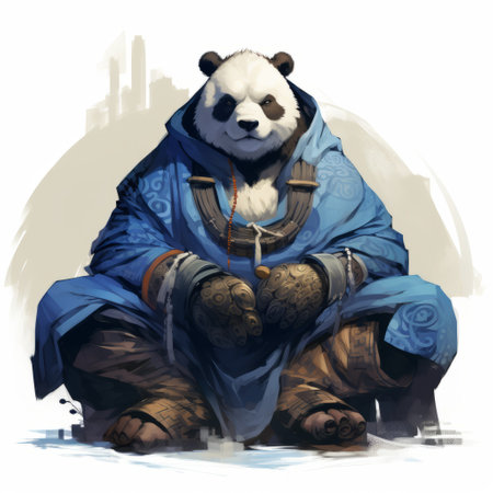 a character sitting on the ground with a panda on the right side. this realistic portrait-style painting features a navy and azure color palette, high detail, and symmetrical balance. the scene evokes a soggy atmosphere and showcases a gigantic scale. ai generatedの素材