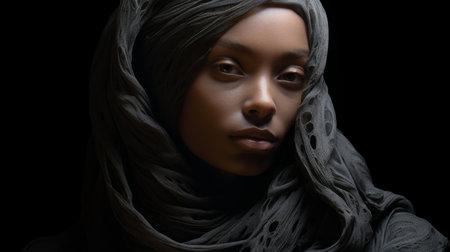 a 3d model of a female head wearing a scarf, showcasing the contemporary realist portrait photography style. this dark and intricate piece, captured in 32k uhd resolution, draws inspiration from the harlem renaissance era. the studio portrait exudes a dark and brooding atmosphere, while the designer's skill beautifully captures the essence of the moment. ai generatedの素材