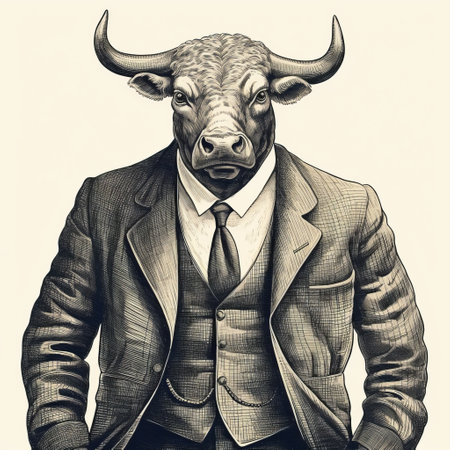 an antique woodcut engraving of a securitization bull in a suit, depicted in a dark academia vintage halloween outline clipart style. this black and white scientific illustration showcases intricate details, resembling entomology line art. with a simple and clean design, it features a white background and a dark academia stylized appearance. the isolated, isometric view adds to its vintage victorian style, while the monochrome linocutの素材