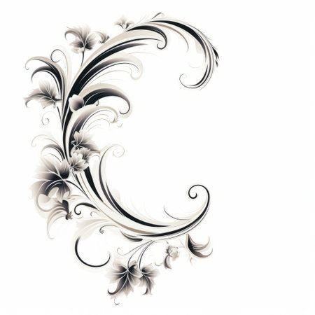 a black and white floral style letter c adorned with leaves and a bow. this abstract design features swirling vortexes and draws inspiration from rococo art with its flowing draperies. the contrasting light white and dark gray colors create a captivating visual effect. the tattoo-inspired elements and varied brushwork techniques add depth and texture to the composition. ai generatedの素材
