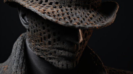 a realistic face, intricately surrounded by wire wrapping, showcases a unique fusion of woven and perforated cowboy imagery. the artwork exhibits burned and charred elements, with photorealistic detail and a dark tonality. its abrasive authenticity and seamless integration with the human canvas make it a captivating piece. ai generatedの素材