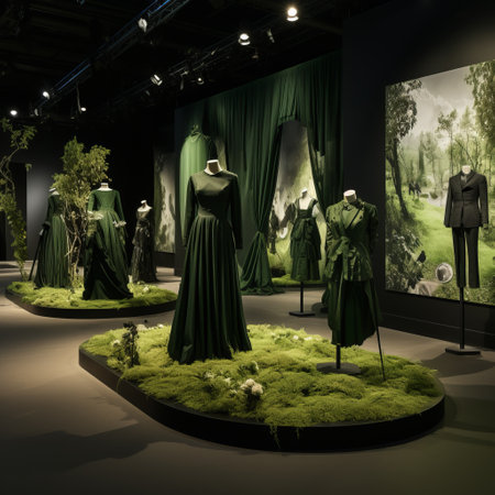 the mannheim fashion museum showcases a collection of stunning gowns, presented in a dark and moody landscape. the gowns feature a color palette of dark green and green, complementing the nature-inspired installations. whimsical characters add a touch of charm to the exhibit. the photographs are captured using fujifilm eterna vivid 500t film, enhancing the romantic and enchanting atmosphere. experience the captivating allure of the dauの素材