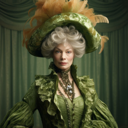 an elderly lady named jane bernard, dressed in a white gown adorned with a green feather, is portrayed in the style of 8k 3d. this national geographic photo captures her in a rococo-inspired setting, showcasing a color palette of dark beige and green. the uhd image exudes a sense of baroque-inspired grandeur, creating a visually captivating and coloristic composition. ai generatedの素材