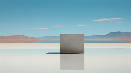 a white box stands out against a backdrop of majestic mountains, creating a striking contrast. this hyper-realistic artwork combines elements of water, color field minimalism, and the use of maya software. the reflective surface of the box adds a sense of monumentality, while the saturated pigment pools enhance the visual impact. created by artist mike campau. ai generatedの素材