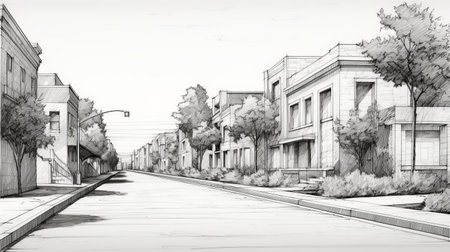 an outline drawing of a street with trees and houses, showcasing a realistic and detailed rendering. the image captures the essence of industrial design and prairiecore aesthetics, with soft renderings and classical proportions. the horizon adds depth to the composition, while ambient occlusion enhances the overall visual appeal. ai generatedの素材