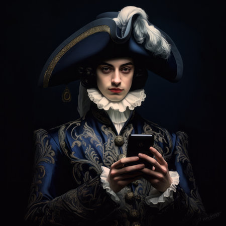 a man in medieval costume, inspired by nautical surrealism, is captured using his smart phone. this bold and expressive portrait draws influences from artists such as maria kreyn, hyacinthe rigaud, and gottfried helnwein. the combination of rococo portraitures and a dark azure backdrop adds an intriguing and captivating element to the image. ai generatedの素材