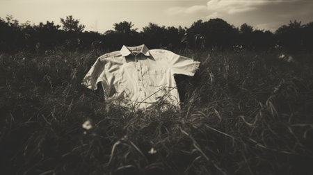 a shirt lies amidst tall grass in a captivating photograph edited in photoshop. the image showcases a sepia tone, reminiscent of documentary photography. influenced by the style of jamie hawkesworth, the composition evokes a sense of nostalgia. the use of a graflex speed graphic camera adds a vintage touch to this photorealistic still life. the image also draws inspiration from black and white portraits andの素材
