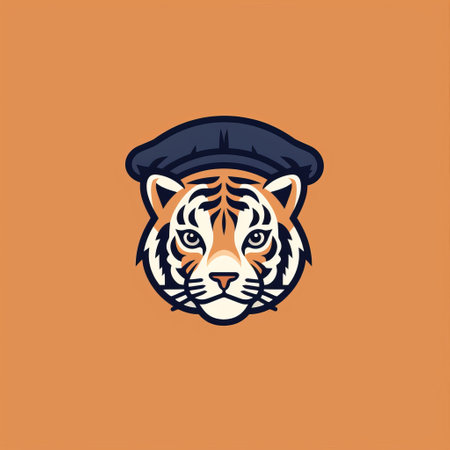 a tiger wearing a hat with lettering and icons symbolizes a pre-world war ii school of paris. the minimal retouching enhances the simple designs and traditional color scheme of navy and bronze. the strong facial expression of the tiger adds to the captivating illustration. ai generatedの素材