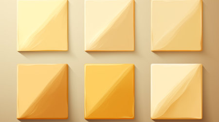 five yellow vector icons on a beige background, inspired by the style of sean scully. these icons feature a realistic color palette with light orange and gold tones. the highly polished surfaces and realistic hyper-detail create a visually stunning effect. the icons are designed with opaque resin panels, giving them a unique texture. created using zbrush software. ai generatedの素材
