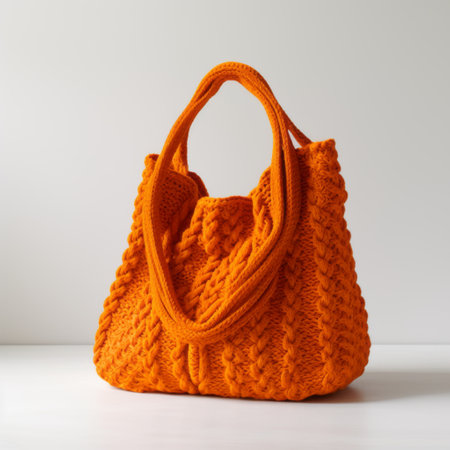 an orange knitted bag sits on a table, showcasing a monochromatic depth. captured with the ferrania p30 film, the open form of the bag is highlighted in high resolution. the candid shot captures the essence of oshare kei style, while maintaining a crisp and clean aesthetic. ai generatedの素材