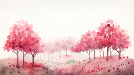 a high-definition stock photo illustration featuring a watercolor painting of a landscape with trees. the artwork is done in the style of light pink and red, inspired by artists nicoletta ceccoli and yuumei. the composition is scattered, with shades of light maroon, crimson, red, and magenta. the image has a resolution of 3840x2160 pixels. ai generatedの素材