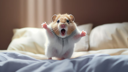 a playful hamster, captured in a moment of energetic gestures, stands up on a bed. this adorable photo, colorized by prateep kochabua, showcases the hamster's light white and light brown fur. the spontaneity of the moment is beautifully captured, making it a contest-winning shot by igor zenin. ai generatedの素材