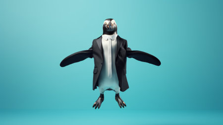 a cute penguin wearing a suit stands against a vibrant blue background. this photorealistic surrealism artwork captures the penguin's movement and spontaneity, while also presenting evocative environmental portraits. the angura kei style is evident through jump cuts and dignified poses, adding a touch of creased elegance to the composition. ai generatedの素材