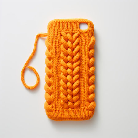 an orange trikelly case sits on the table, showcasing a unique blend of knitted and crocheted styles. this post-70s ego generation piece, inspired by ssaku hanga, is meticulously crafted from vines. its digital precisionist design gives it a sculpted appearance. ai generatedの素材