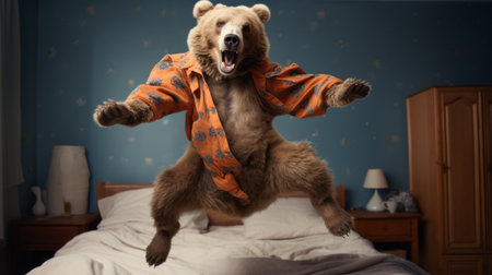 a bear jumps on a bed in this photorealistic portrait, showcasing detailed costumes. captured with a nikon d850, the image features a striking color palette of dark cyan and orange. inspired by celebrity photography and advertisements, the composition also draws influence from the rinpa school of art. ai generatedの素材