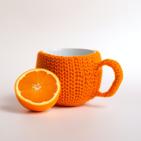 an orange and a small object, showcasing eco-friendly craftsmanship in the style of kazimierz dbrowski. the photograph captures a cold and detached atmosphere, with knitted and crocheted elements. the pure color of the orange stands out against the white background, reminiscent of the bechers' typologies. ai generatedの素材