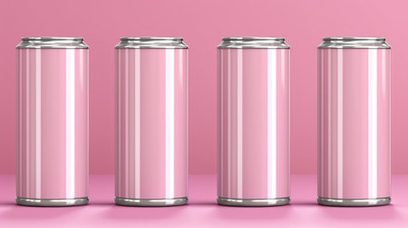 five metallic cans are arranged in a row on a vibrant pink backdrop. this photobashing-style image, created using cinema4d, showcases the bold simplicity and energy-charged aesthetic. with its unfiltered and stark appearance, this creative commons attribution photo captivates with its metallic texture and eye-catching arrangement. ai generatedの素材