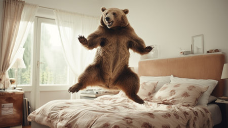 a brown bear, showcasing its relatable personality, is captured mid-air as it jumps onto a bed in this warmcore-style photograph. the installation-based composition and solarizing master techniques add depth to the image, making it a captivating visual. this national geographic photo, a contest winner, perfectly embodies the essence of caninecore aesthetics. ai generatedの素材