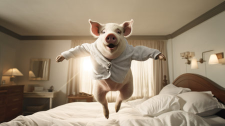 a small gray pig, in a comical choreography style, is seen flying in a bedroom under a light bulb. the backlit photography captures the pig in dignified poses, with a light pink and beige color scheme. this whimsical image, reminiscent of the work of greg olsen and augustus edwin mulready, is beautifully enhanced by the use of fujifilm velvia. ai generatedの素材