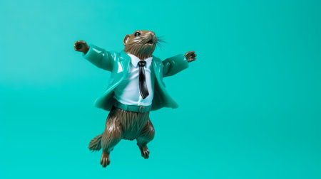 a plastic beaver figure, dressed informally as an executive, is seen floating or falling back. the beaver, made of plastic, appears to be levitating with an optimistic gaze towards the front. the turquoise background complements the plastic details of the figure. ai generatedの素材