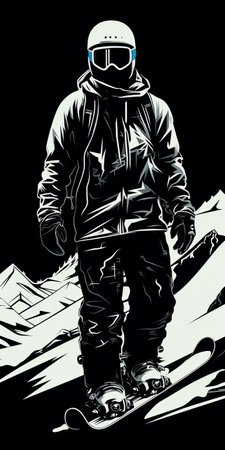 a snowboarder, riding backwards, showcases their skills in this black and white photograph. the detailed science fiction illustration style adds a dark and ominous atmosphere to the image. inspired by new topographics and bold posters, the heavy use of palette knives creates a unique texture. the emphasis on character design is complemented by the majestic mountainous vistas in the background. ai generatedの素材