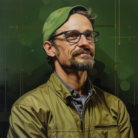 scott ocill portrait by ira syk, a digital illustration in the style of precisionist lines and shapes. the artwork showcases a dark gold and green color palette, with a realistic perspective. it incorporates elements of 2d game art and en plein air technique, capturing depictions of labor. ai generatedの素材