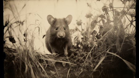 a vintage-style sepia-toned photograph captures a charming scene of a brown and yellow rat in the open. the naturalistic depiction of flora and fauna adds to the storytelling aspect of the image. shot with adox silvermax, the black and white imagery showcases the unique character of these adorable creatures. the high-resolution of 3840x2160 ensures every detail is beautifully preserved. ai generatedの素材