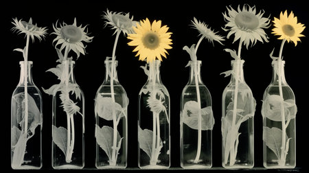 six vases, each containing a vibrant sunflower, are captured in this captivating image. the photograph showcases a unique blend of artistic techniques, including double exposure, solarization, and the clever use of negative space. the installation-like arrangement, reminiscent of x-ray film, adds a whimsical touch to the recycled and figurative elements. ai generatedの素材
