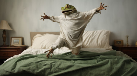 a frog leaps energetically on a vibrant bed of green sheets, showcasing theatrical gestures. this captivating photograph, inspired by the artistic styles of polixeni papapetrou, alan lee, halloween, and lasar segall, combines innovative techniques and stylish costume design. ai generatedの素材