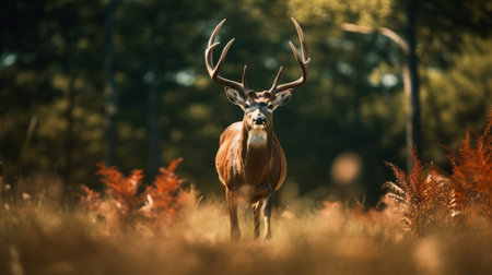 a deer with dark fur and no spots is seen running through a tilled wisconsin field in this dramatic, sharp-focused photograph. the medium-sized deer has an 8-point antler and is captured in a side profile close-up, with the entire body centered on the screen frame. the image showcases extreme details and is beautifully color-graded, giving it a cinematic feel. ai generatedの素材