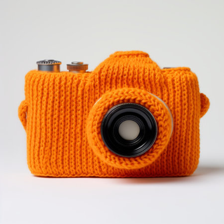 an orange knitted camera case with the lens inserted, showcasing a postmodern photography style. this photobash-inspired image captures quirky characters and objects, serving as a unique photographic source. ai generatedの素材