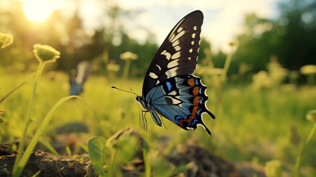 a butterfly with dark fur and no spots is captured in a side profile close-up as it runs through a tilled wisconsin field. the photo is a full shot with dramatic, sharp focus and extreme details. it has been beautifully color graded and showcases intricate details. the lighting is moody and cinematic, adding to the overall aesthetic. this hyper-detailed and beautifully color-coded image is aの素材