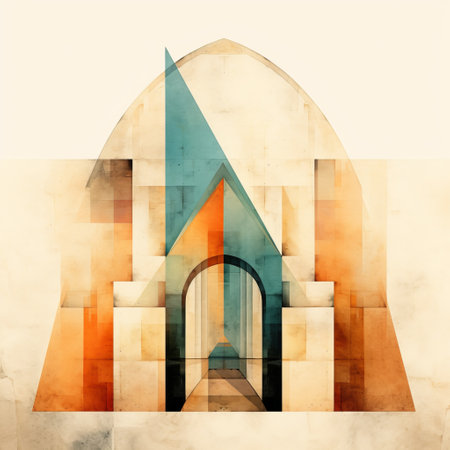 a photo of an islamic art and architecture masterpiece showcasing a vibrant blend of light orange and dark aquamarine colors. the structure features a door and a doorway, adorned with colorful geometric abstractions reminiscent of soft watercolors. this religious building exhibits a high tonal range, creating a captivating passage into a world of architectural beauty. ai generatedの素材
