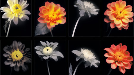 six vibrant flowers, captured with a graflex speed graphic camera, showcase a mesmerizing blend of contrasting lights and darks. the ambient occlusion adds depth to the uniformly staged images, creating captivating optical illusions. the flowers, in shades of dark white and orange, are beautifully rendered on fujifilm velvia film. ai generatedの素材