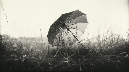a long white umbrella gracefully hangs from a slender stalk of green grass, reminiscent of the iconic graflex speed graphic camera. this captivating image captures the essence of mori kei fashion, with its dreamy and ethereal aesthetic. the grainy noir atmosphere adds a touch of mystery to the desolate landscapes and light-filled scenes, creating dynamic still lifes that evoke the spirit of pictorialist photography. aiの素材