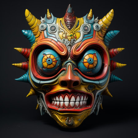 the dallas skull mask, created by joel daniels, showcases a vibrant and captivating composition. this artwork combines elements of traditional balinese motifs, mechanical sculptures, celestialpunk, and chinese tradition. with its eye-catching colors and intricate details, the mask features a unique fusion of hybrid creature compositions. the use of vray tracing adds depth and realism to this striking piece. ai generatedの素材