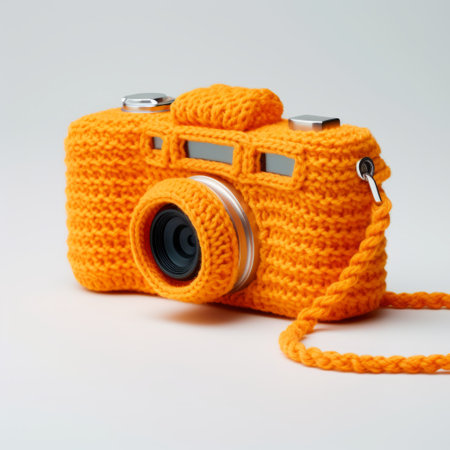 orange leather crochet camera sleeve with strap made of knit yarn. this sleeve is inspired by the style of patricia piccinini and the dusseldorf school of photography. it features ultraviolet photography and showcases luminous 3d objects. the sleeve is light yellow in color and designed with high detail to accommodate a wide-angle lens. ai generatedの素材