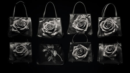 handbags adorned with beautiful roses are available for purchase. these unique handbags feature monochromatic portraits in dark silver and black, creating a photorealistic rendering. made with intricate details using insects, the design showcases symbolic iconography. the dramatic use of shadows adds depth and intrigue to these stunning handbags. ai generatedの素材