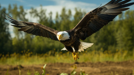 an eagle with dark fur and no spots is captured in a side profile close-up as it runs through a tilled wisconsin field. the photo is beautifully color graded and showcases extreme details, with a dramatic and sharp focus. shot on a 70mm lens, the image features depth of field and cinematic lighting, creating a hyper-realistic and visually stunning composition. ai generatedの素材