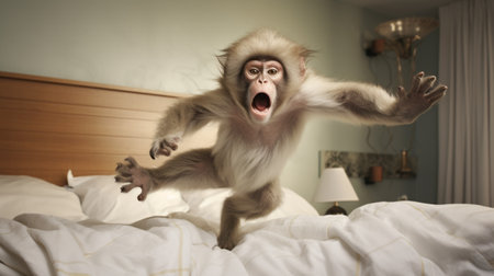 monkey jumping on bed with paranoid sensitivity, captured in a photo-realistic style. this commercial imagery showcases the monkey's strong facial expression, reminiscent of celebrity photography. the photo, found on flickr, highlights the skillful wildlife photography techniques used to capture this captivating moment. ai generatedの素材